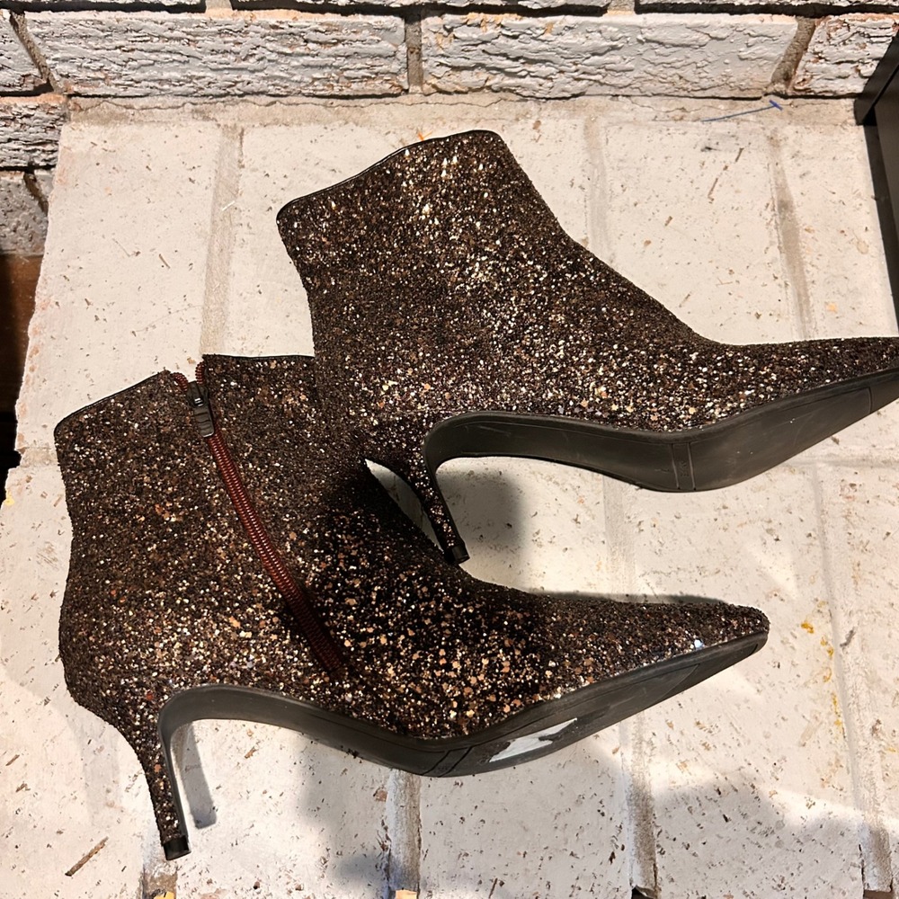 Nine West WNARIP3 Bronze Glitter Kitten Heel Pointed Toe Ankle Boots Womens 12M